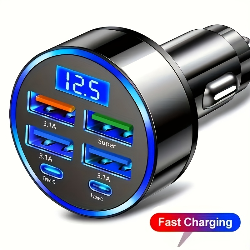 TEMU Model Ultra-fast Car Charger, 6-in-1 Car Fast Charger, Equipped With Fast-charging Usb-c Port, Dual Pd And Qc3.0 Technology, 4 Usb Ports, Matte