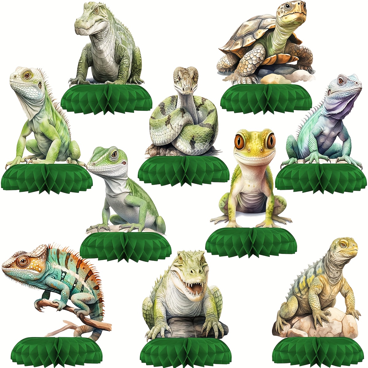 Image of 10pcs Center Decoration Set - Reptile Honeycomb Decorations For Birthdays And Reptile-themed Tabletop Decor, Perfect For Nature-themed Birthday And Shower Table Decorations