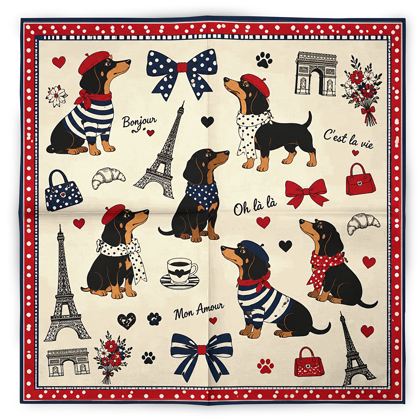 TEMU Parisian Style Sausage Dog Retro Fashion Scarf Neck Warmer, Polka Dot Bow Tie Hip-hop Trendy Headscarf, Heart-shaped Tower Sports Handkerchief