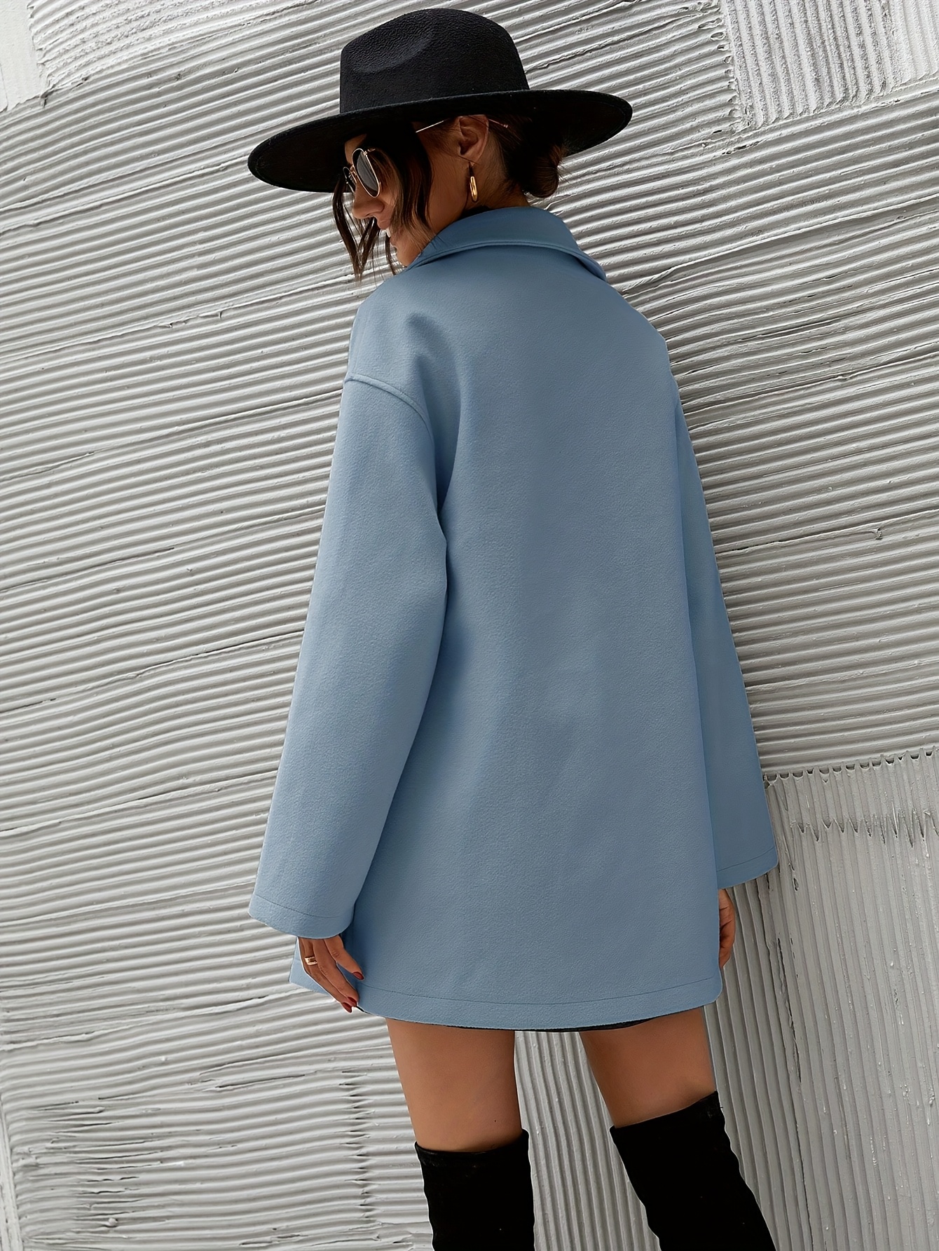 womens elegant winter coat double breasted   silhouette with notch lapel collar   loose fit long sleeve outerwear in navy non stretch fabric for fall winter formal everyday outfits winter coats seasonal fashion Product details 13