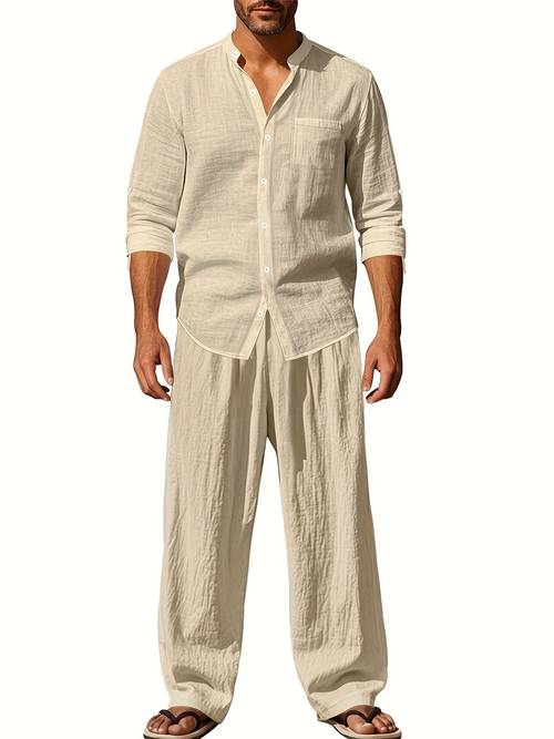 mens linen loose drape breathable henley shirt and pants set casual long sleeve and trousers multi color options essential for home outdoor party vacation and travel