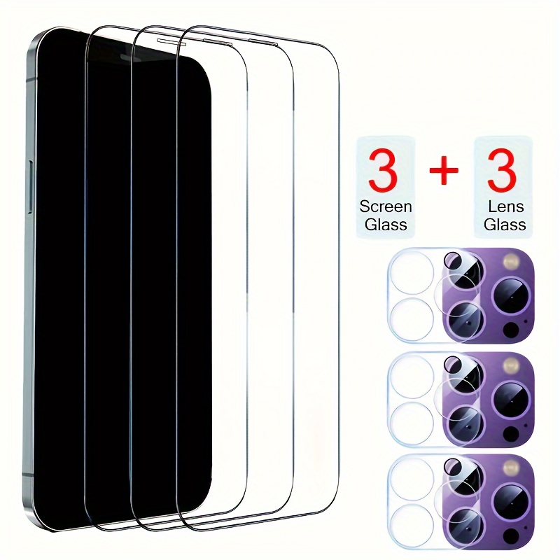 

3pcs Clear Tempered Glass + 3pcs Full Cover Camera Lens Glass For Iphone 11 12 13 14 Pro Max 14 Plus 15 15pro Screen Protector Film