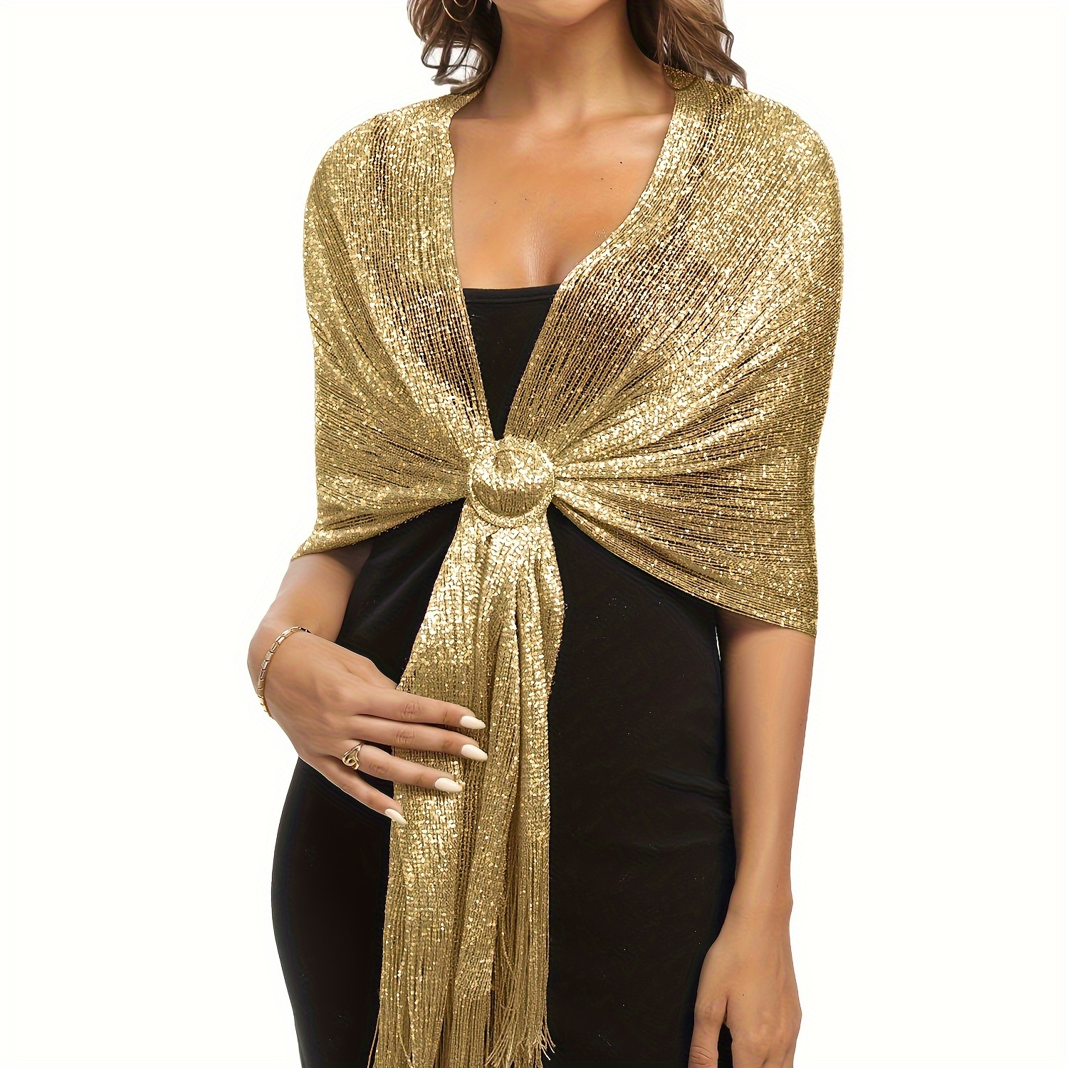 

Simple Sparkling Metallic Scarf With Fixed Buckle Elastic Thin Breathable Shawl Summer Sunscreen Dress Shawl For Women