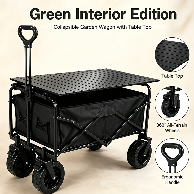 Image of Collapsible Camping Wagon Cart With Table Top, Heavy Duty Foldable Utility Trolley With 360° Large Wheels & Adjustable Handle, Built-in Cup Holder, Portable Outdoor Garden Beach Grocery Shopping Cart