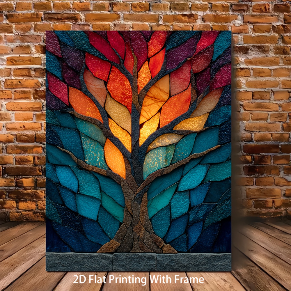 1pc stained   of life mosaic wall art with f me 12x16 16x24 inch vib nt  ow colors nature inspired contempo ry modern artwork recycled wood f me 2d flat printing for home office decor   paste installation   tree b nches design 2d flat