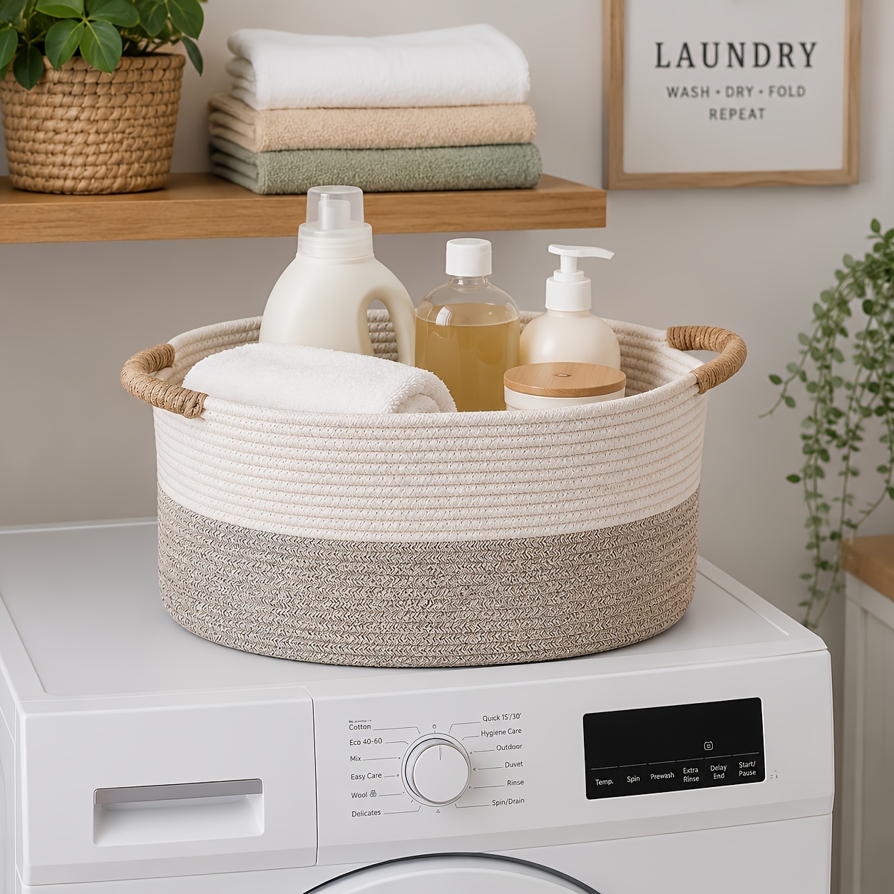 Woven Storage Basket with Handles, Decorative Organizer Bin for Living Room Cabinet, Remote Control Holder, Shelf Storage Basket for Blankets, Towels, Magazines, Books, Entryway And Bedroom Organization, Foldable Rope Basket, Home Decor Basket