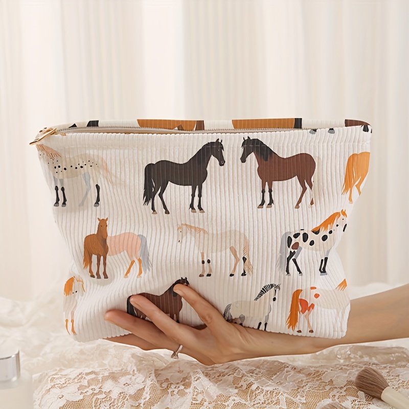 E-shop Reitpferde-Muster Cord Reißverschluss Aufbewahrungstasche, Leichte Make-up Tasche, Multi-Funktionale Waschbeutel mit Futter