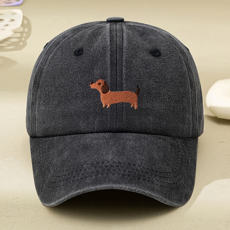 Image of Dachshund Embroidery Washable Baseball Cap Outdoor Casual Embroidered Baseball Cap Thin Distressed Spring Summer Baseball Cap Couple Duckbill Cap