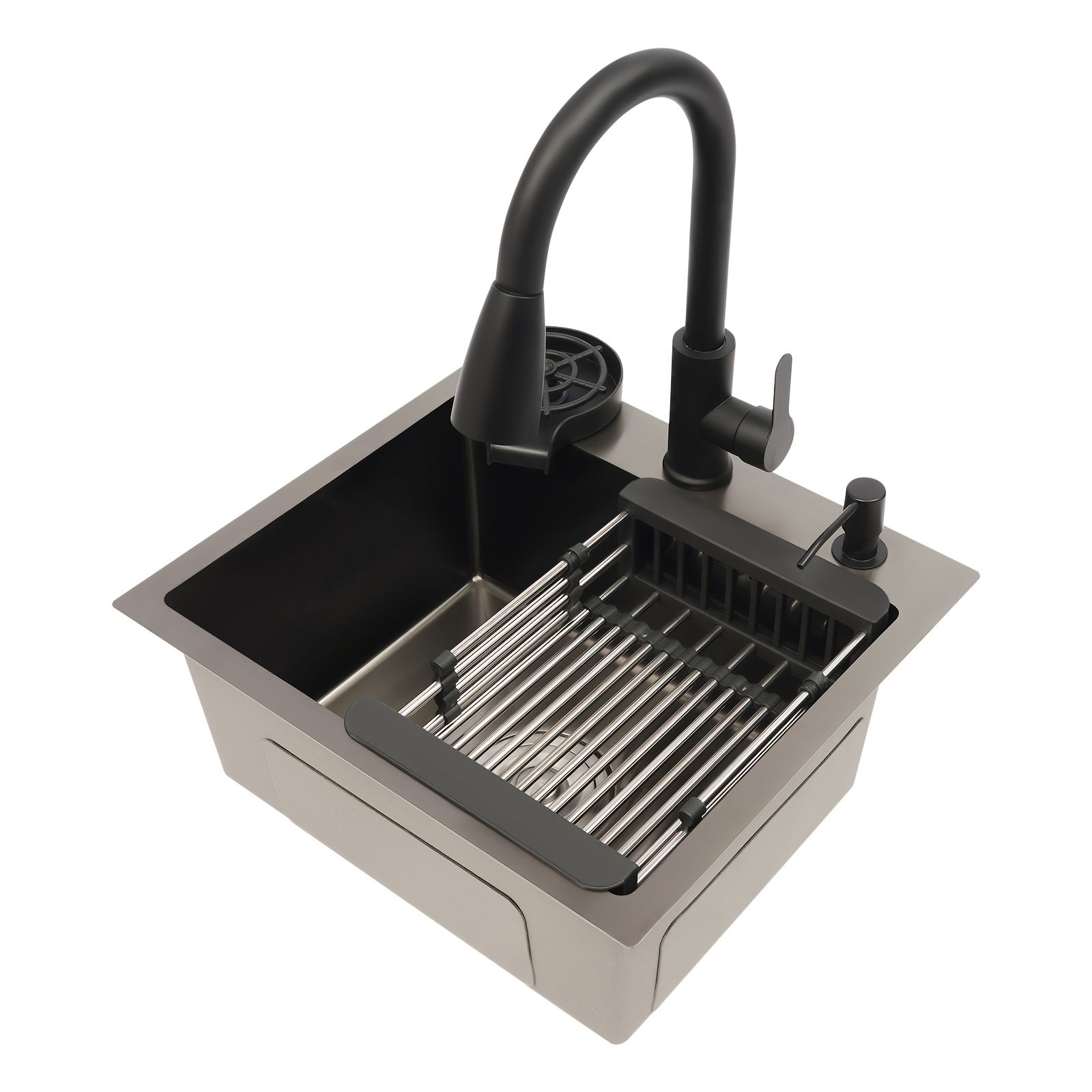 Image of Kitchen Sink With Pull Out Faucet Cup Rinser Drain Dispenser, Black Stainless Steel Sink Nano Coating, 16. 54 X 14. 57 X 7. 87in/ 42 X 37 X 20cm Inner Size, Countertop Built In Under Counter