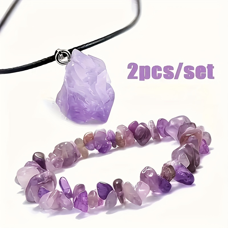 TEMU 2pcs/set Natural Amethyst Quartz Pendant Necklace & Purple Gemstone Chip Bracelet, Unisex Gift Natural Stone Jewelry Set For Lovers, Festive Gift