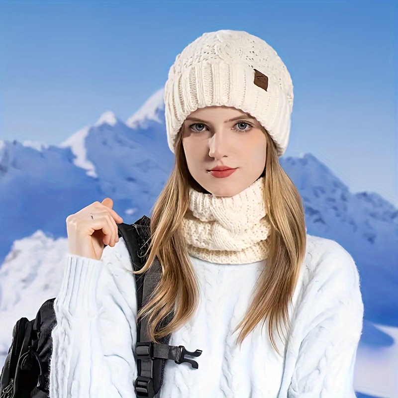 

Cozy 2pcs Winter Set For Women: Soft Knit Beanie & Fleece-lined Scarf - Warm, Coldproof Accessories For Skiing & Running