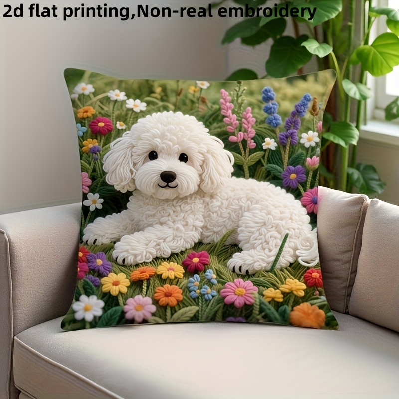 TEMU 1 pièce, Impression 2D à plat, Taie d'oreiller Chien blanc près de fleurs , 18x18 pouces, Fausse broderie, Impression sur une seule face,