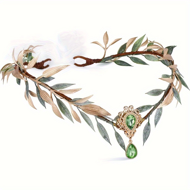 

1pcs Handmade Fairy Flower Headband - Elf Crown Woodland Headpiece Forest Leaf Circlet Elven Wreath For Women Renaissance Christmas Wedding Cosplay Photo Props Green Golden Color