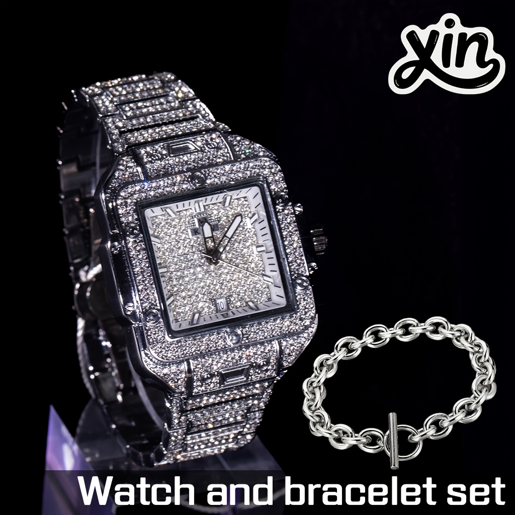 Luxury Hiphop Square Blink Stone Watch Fullbedazzled Stageluminous Christmas Thanksgiving Valentines Tripleholiday Gifts Banquet Performance Wristwear