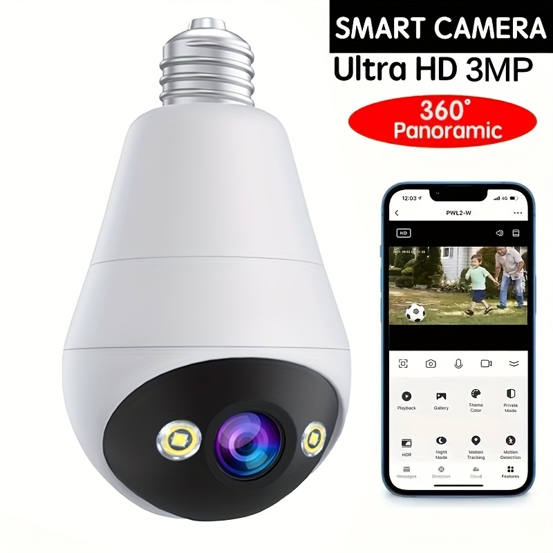 

3mp Panoramic Ptz Rotating Bulb Wireless Security Camera With Motion Detection, Full-color Night Vision And Two-way Voice Call Sound And Light Warning Voice Warning