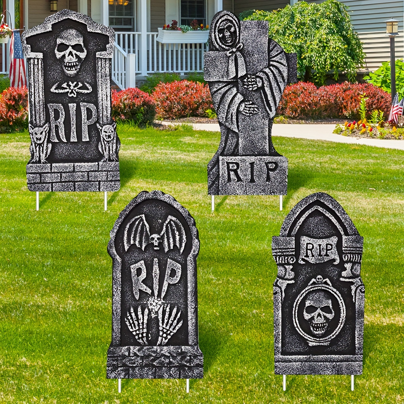 

4-piece Large Halloween Tombstone Set With Stakes - Waterproof Outdoor Graveyard Decorations For Haunted House Theme