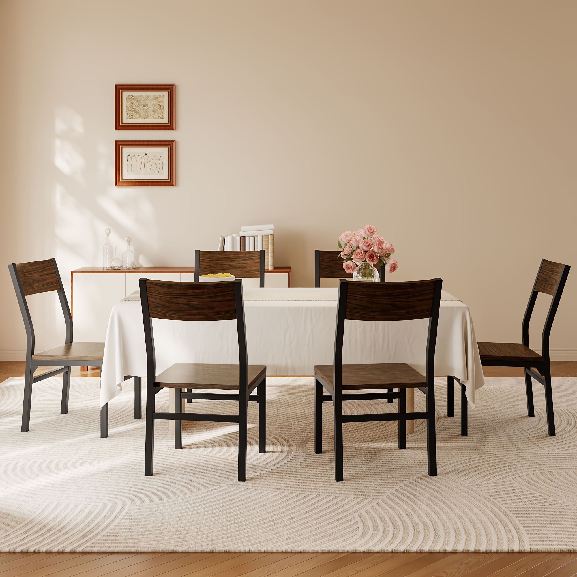 Dining Chairs Set Of 6, Modern Kitchen Chairs With Backrest, MDF Board And Metal Legs, Dinner Chairs For Dining Room, Kitchen And Living Room, Espresso/Black/Rustic Brown/Walnut Optional.