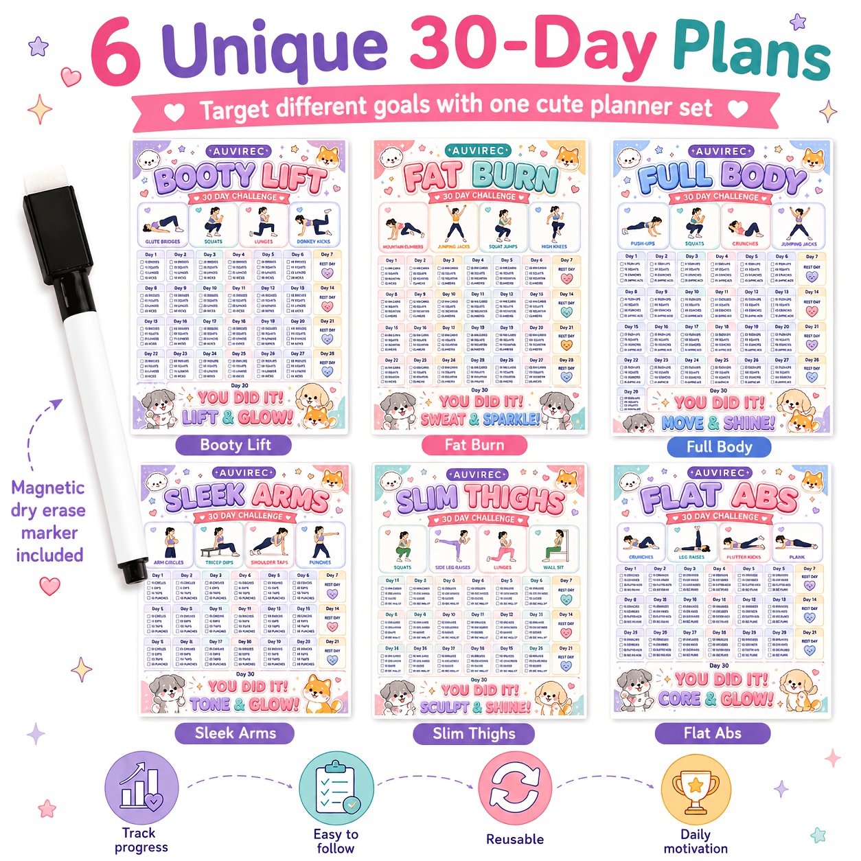 TEMU Auvirec 6-pack Stick-on Pe Dry Erase Fitness Planner Set, 30-day Home Charts With 1 Erasable Marker, Reusable Daily Fitness Cards For Abs, ,