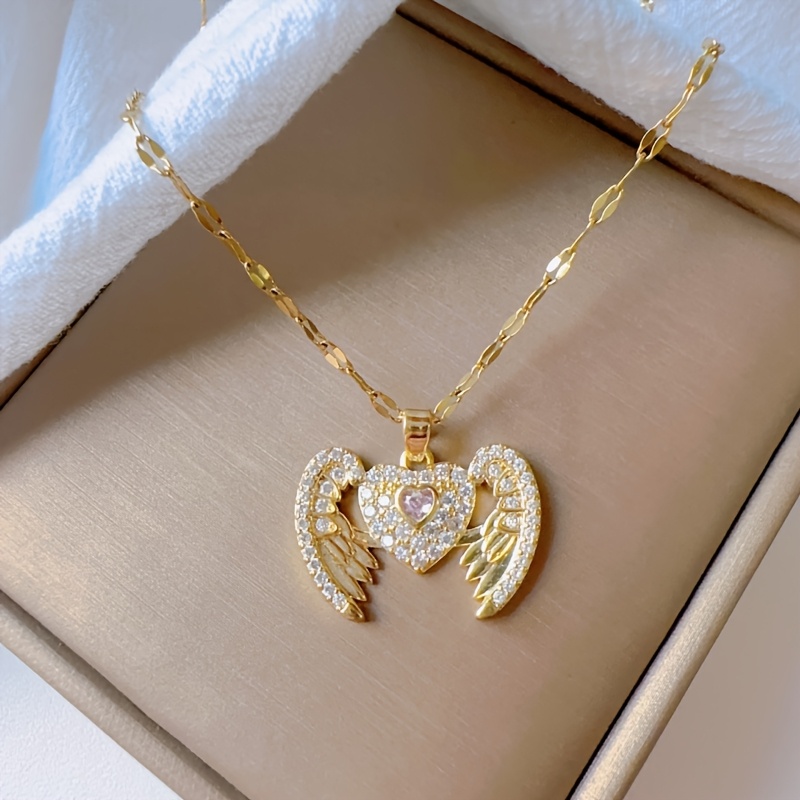 Image of 1pc Stainless Steel Necklace / 18k Vacuum Plated Heart Flying Wings Pendant Stainless Steel Necklace / Suitable For Women' And Party Wear / Exquisite Jewelry Additions For And Relatives [no Gift Box]
