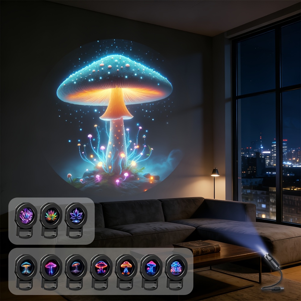 Image of Yiyolico Usb-powered Mushroom Projector Lamp With Flexible Gooseneck & Ceiling/wall Projection Suitable For Bedroom, Game Room,, Dorm - -and-play Mushroom & Leaf Starry Night Light, Gift For,, (no)
