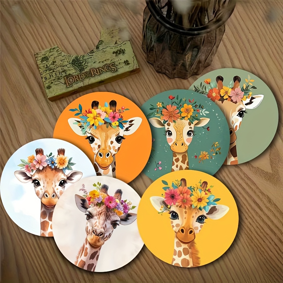 TEMU 6pcs Wood Coaster Set With Giraffe & Floral Patterns - Heat-resistant Suitable For Coffee, Tea, Table Protectors Suitable For Home, Office,