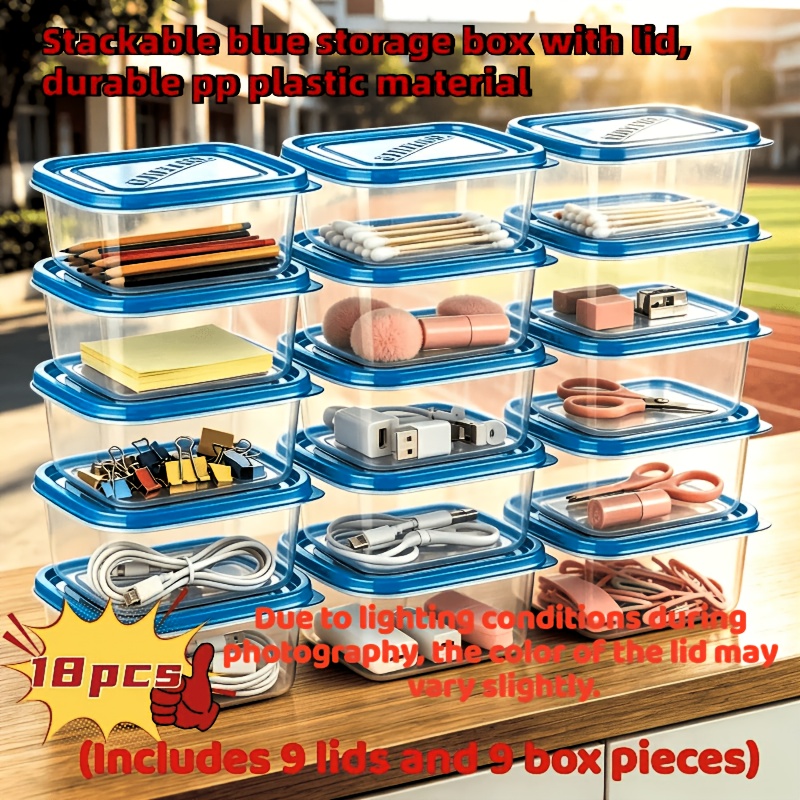 TEMU 18pcs Large Capacity Reusable Blue Storage Boxes (includes 9pcs Lids And 9pcs Boxes), Large Capacity Transparent Pp Storage Boxes With Safety