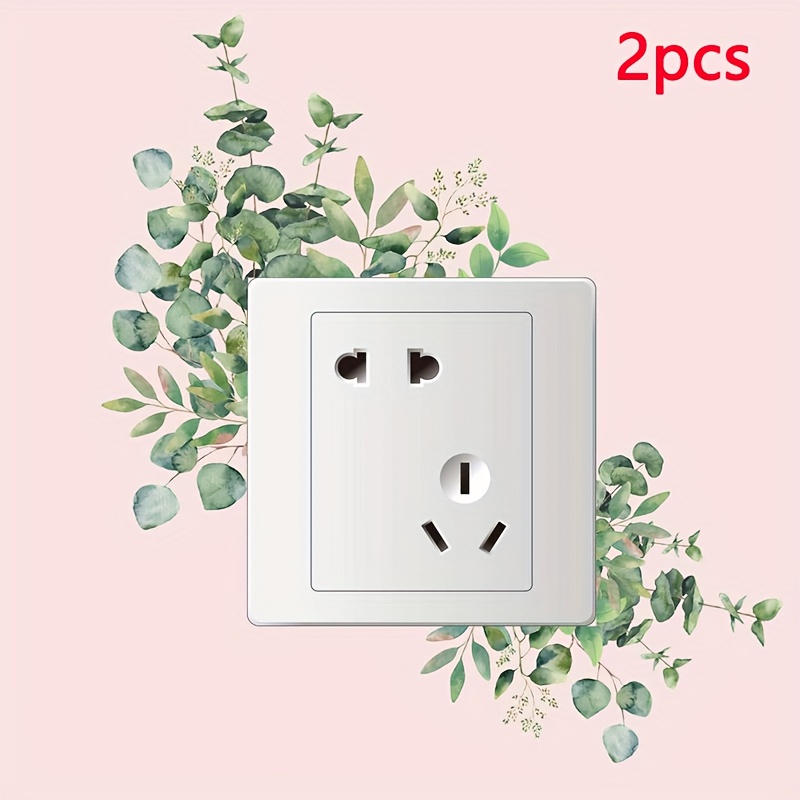 Image of 2pcs Easy Green Plant Leaves Switch Outlet Wall Stickers - Self-adhesive Floral Pattern, Easy To Apply, Suitable For Bathroom And Home Decor