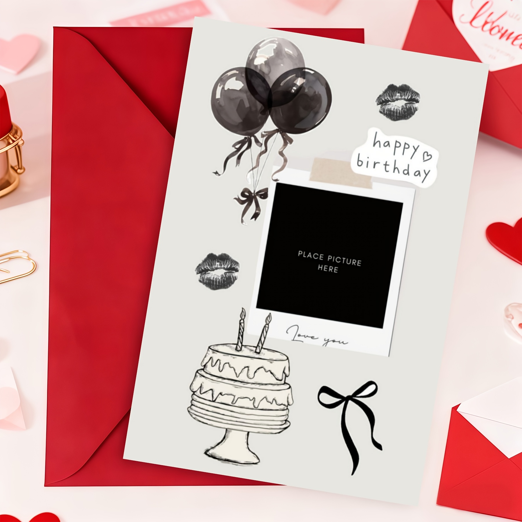 TEMU Minimalist Sketch-style Birthday Card, Black And White Hand-drawn Balloons And Cake, Custom Photo Card, Decorative Keepsake Card