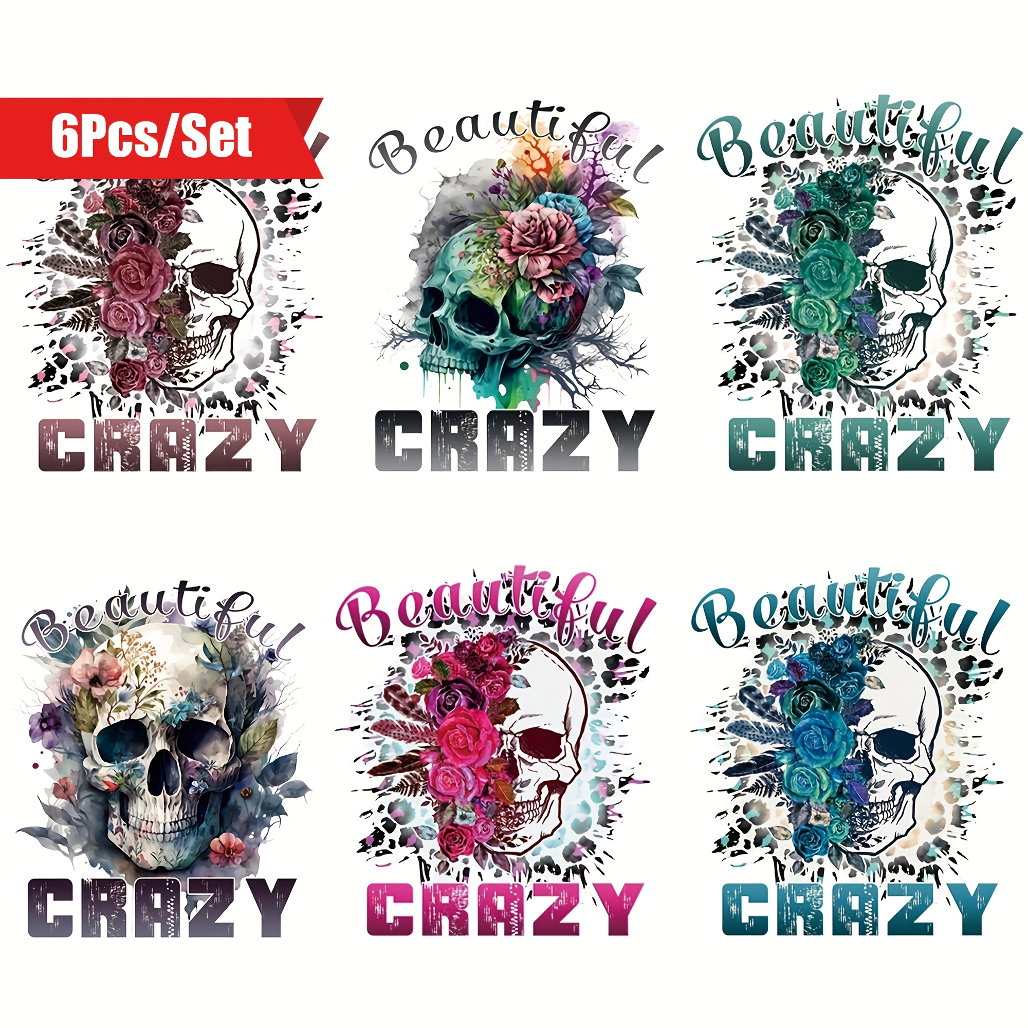 

6pcs Cool & Floral Iron-on Transfer Decals - Diy Vinyl Heat Press Stickers For T-shirts, Jeans, Jackets | Washable Clothing Accessories