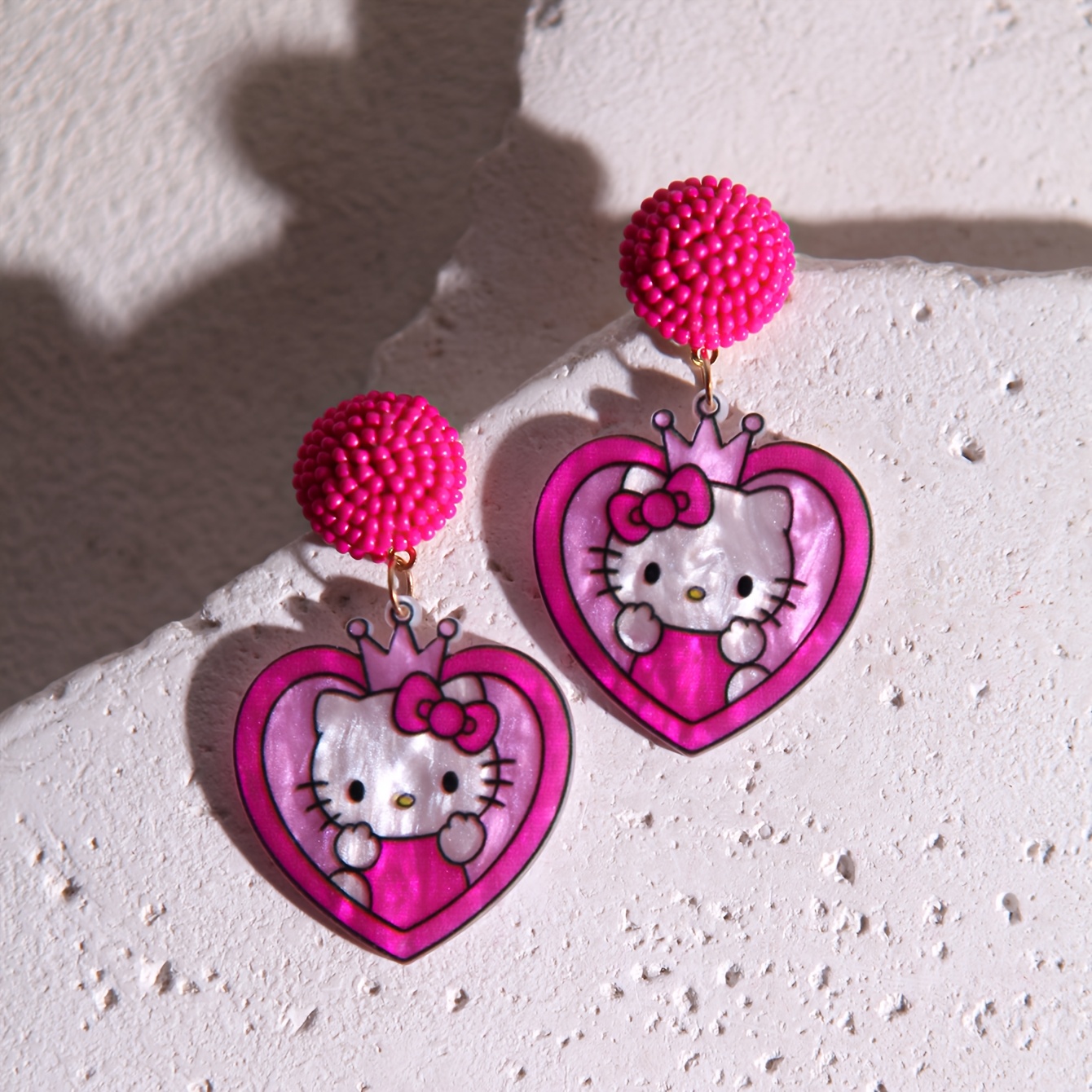 Handmade Glossy Resin Heart KT Cat Crown Drop Earrings