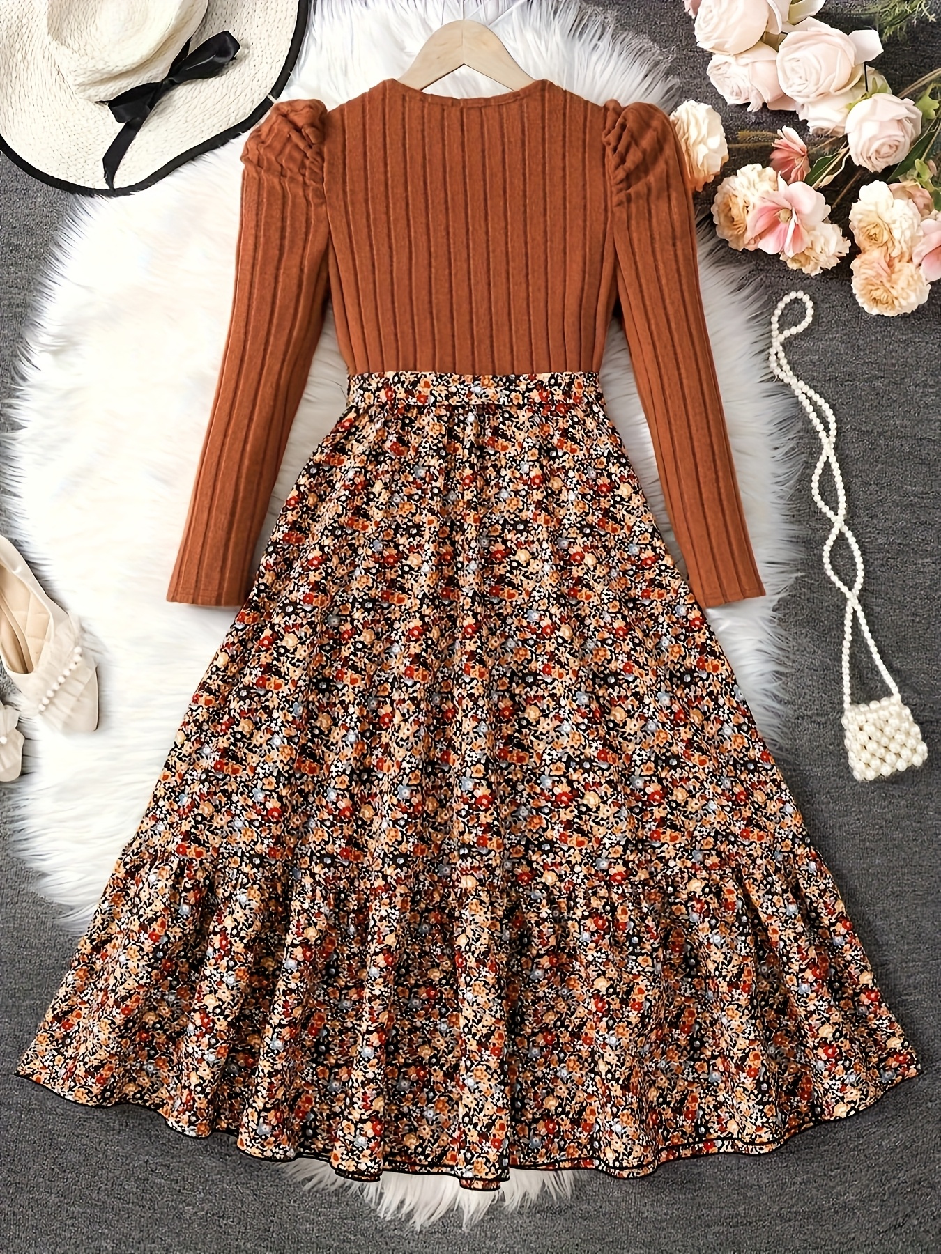 girls brown bohemian upper knit lower round neck puff lamb - Temu Mauritius