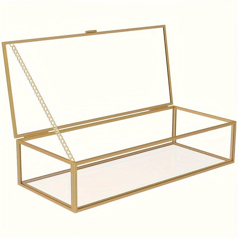 

1pc Large Capacity Rectangle Glass Makeup Organizer Jewelry Box With Polished Golden – Countertop Decorative Display Case With Chain , Mount & Special Non-electric Use Features