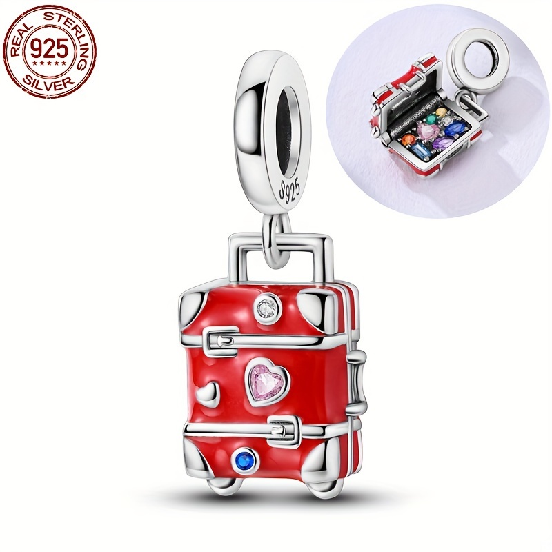 

Chic 925 Sterling Silvery Red Love Luggage Charm - Perfect For Diy Bracelets, Cubic Zirconia Accents, Ideal Vacation Gift