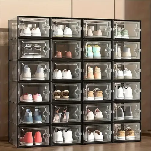 6 12 thick transparent shoe boxes with lids foldable and stackable shoe racks for free combination plastic sports shoe containers space saving storage organizer used in entrances bedrooms homes and dormitories