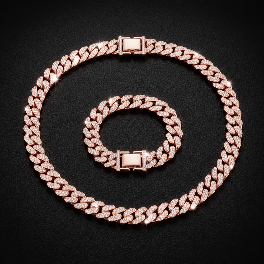 TEMU 2pcs Men Cuban Link Necklace And Bracelet Set Full Rhinestones Embellished Unisex Punk Inspired, Y2k Hip Hop Style Cuban Link Necklace Bracelet