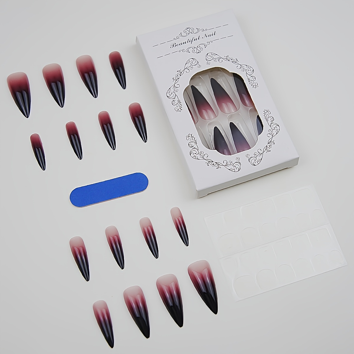 Image of 24pcs Wine Red Gradient Press-on Nails, Easy Design False Nails For Women Daily Wear (long Stiletto Shape)