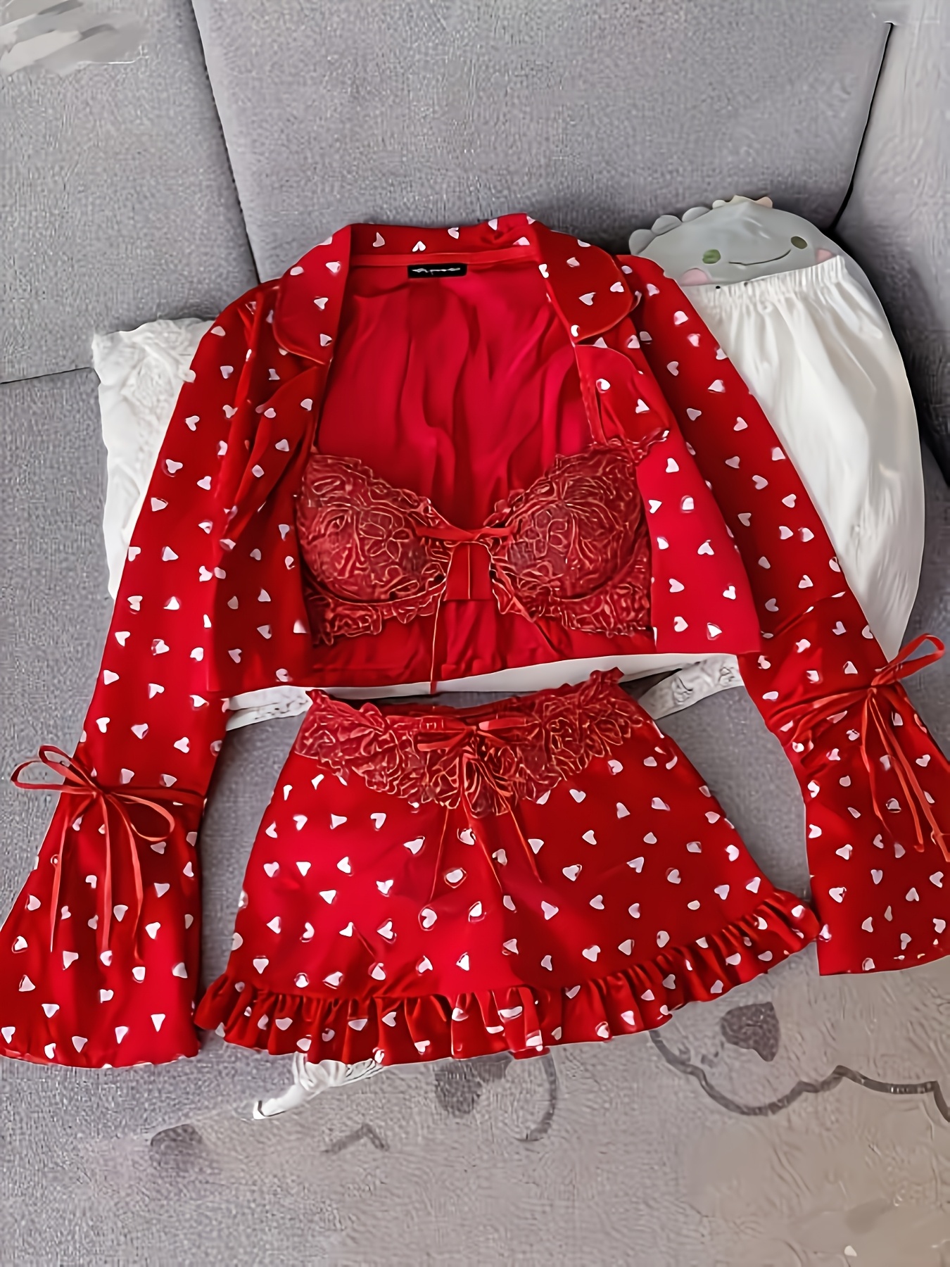 3 Sets Of Europe And The United States See-through Sexy Erotic Underwear Red Love Bra Short Skirt Thong Pants Three Sets to Send A Lover Gift Lover - Image 3