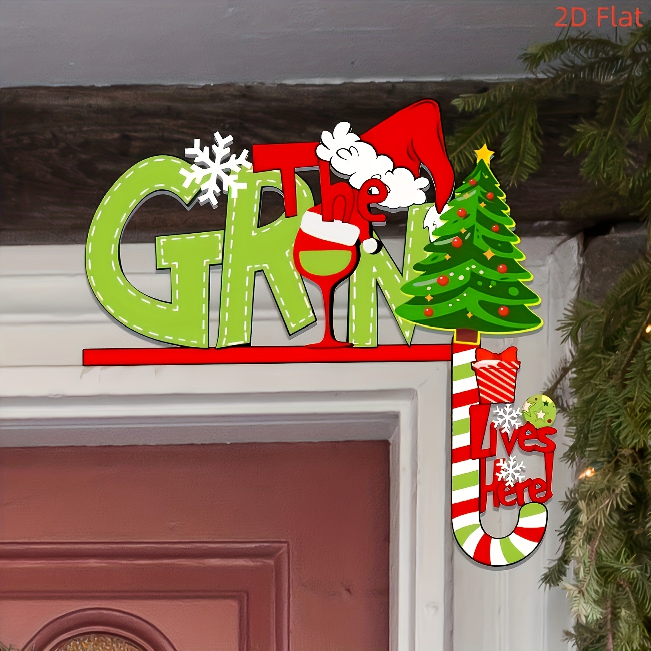 TEMU 2d Flat Design, 1pc Christmas-themed Acrylic Door Decoration Featuring "" Lettering, A Christmas Tree, And A Santa Hat, Suitable For A Festive