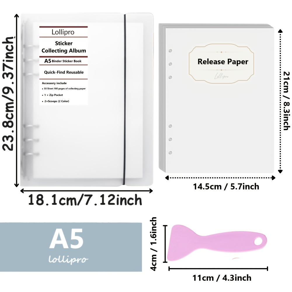 Image of Reusable Sticker Book Matting White Pp Hard Cover Sticker Collecting A6/a5 Binder Refillable With 40 Sheet 80 Page 6 Ring 120gsm Blank Release Paper 1pc Zip Pocket And 2pcs Plastics Spatula