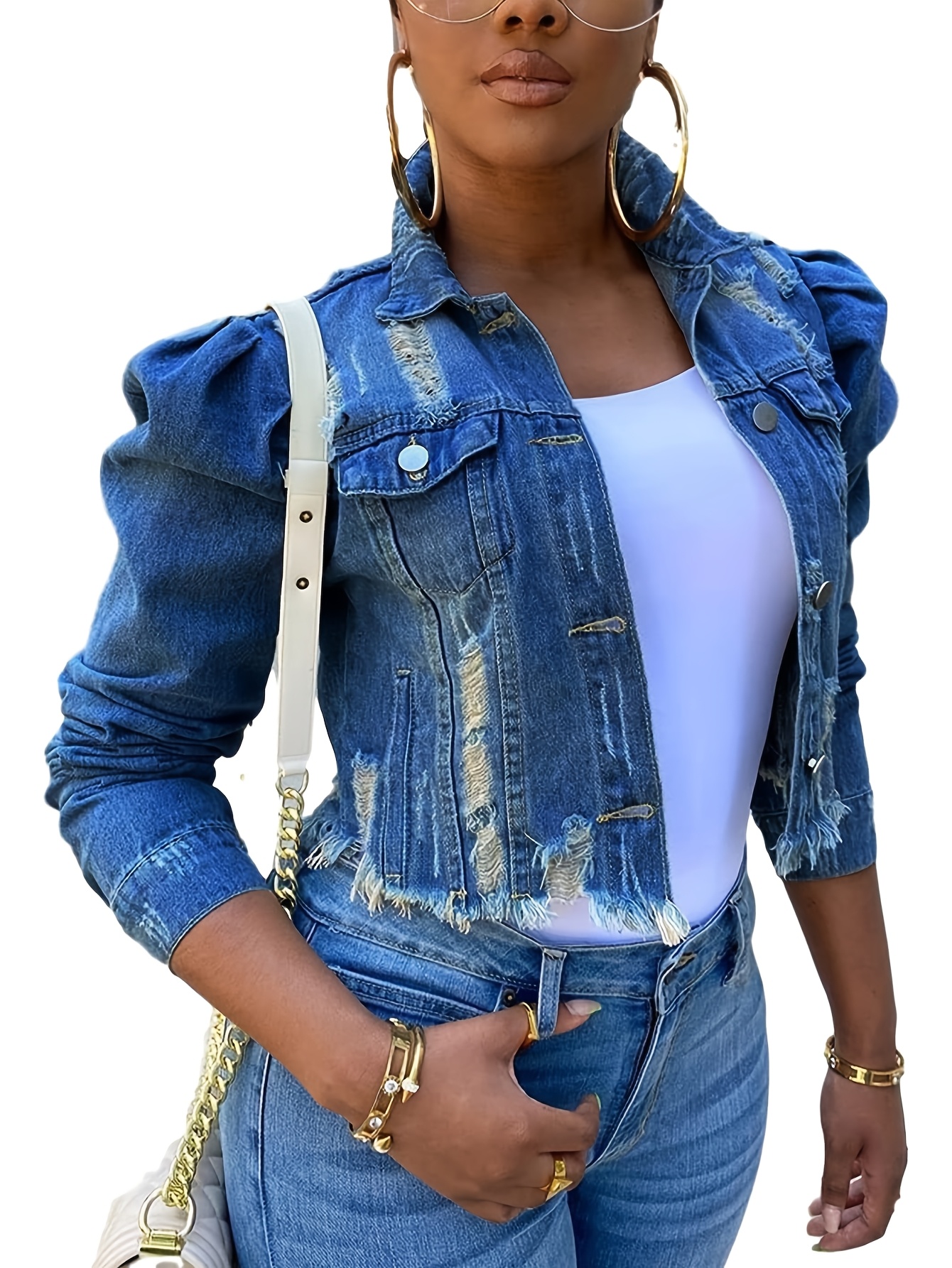 puff sleeve denim jacket sold on Temu United States