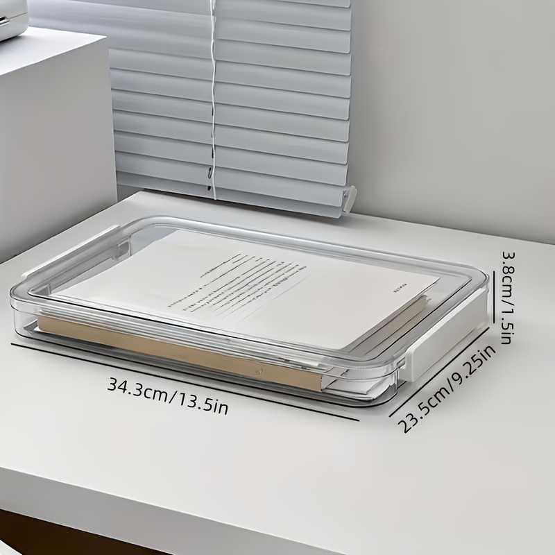 TEMU Boîte de classement transparente avec couvercle, Organisateur de documents de bureau , Panier de classement A4 plat anti-poussière, Boîte de