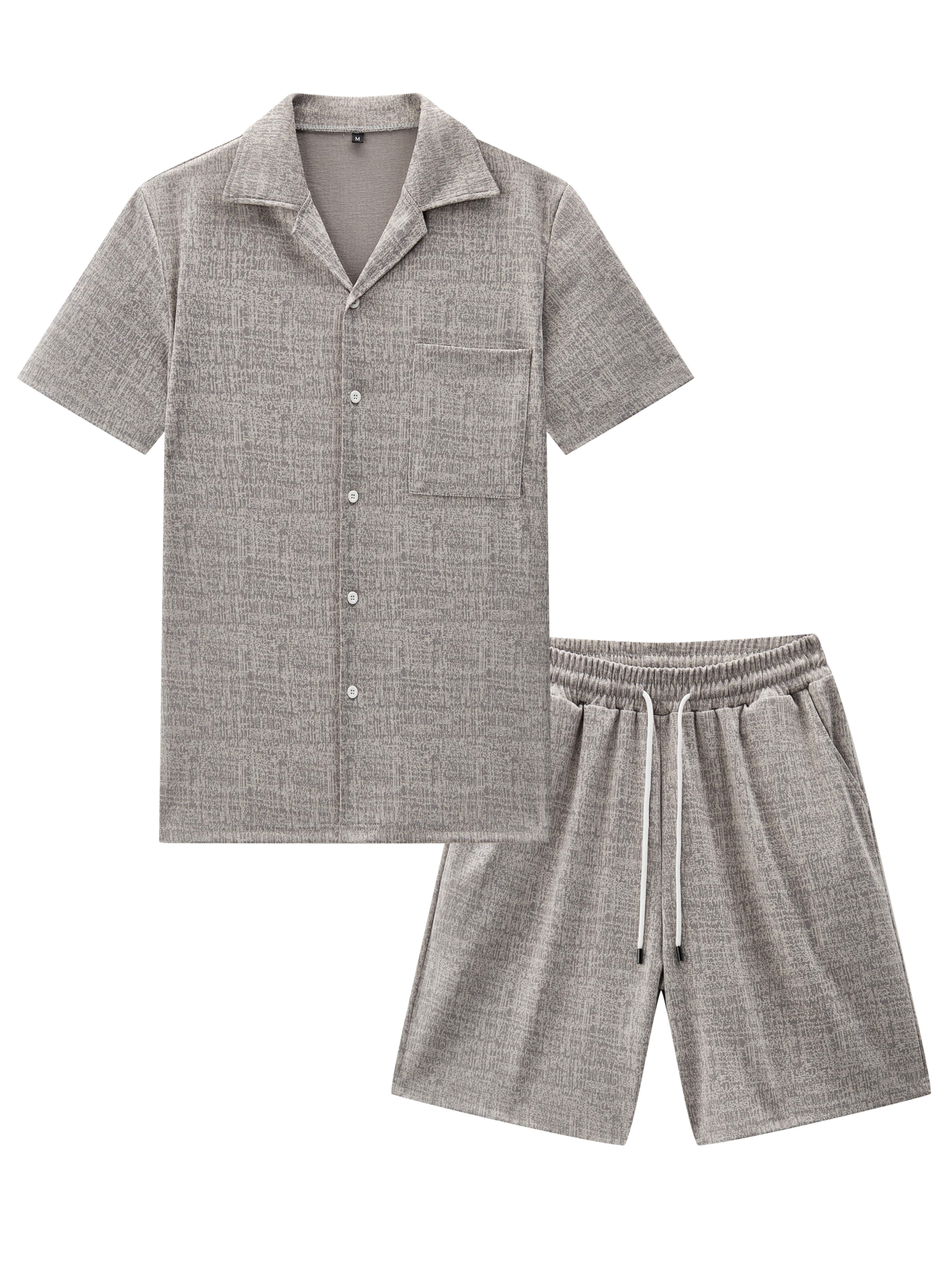 Men'S 2pcs Jacquard Set, Short Sleeve Shirt with Side Pockets And Drawstring Shorts, Clean And Comfortable