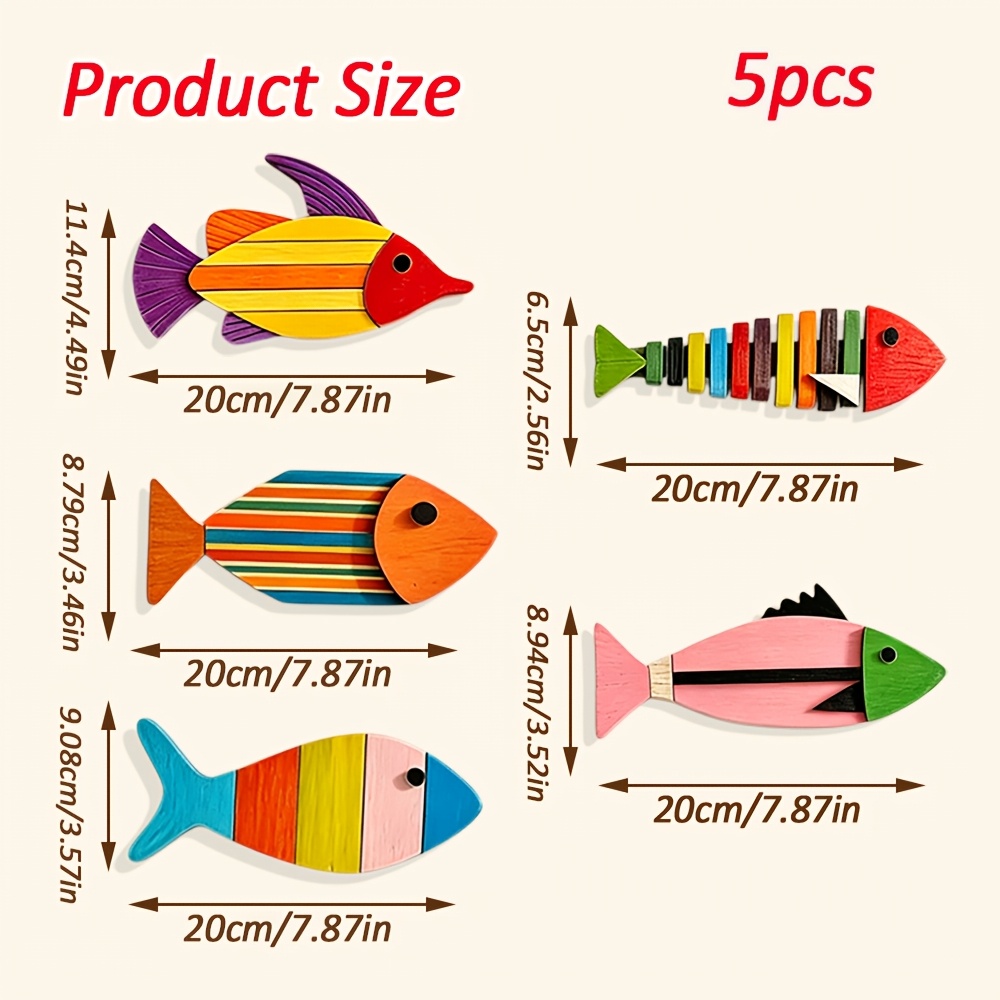 TEMU Set di 5 decorazioni da parete in legno a forma di pesce, 2D e piatto, grande, stile nautico, decorazioni da parete, decorazioni per la casa,