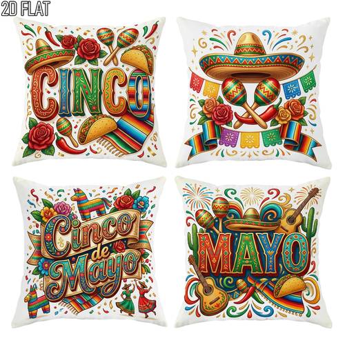 item picture 2d flat 4pcs mexican style party de mayo may 5th festival mexican colorful sombrero throw pillow covers bright festive pillowcases one sided printing for living room bedroom sofa bed decor without pillow inserts 2d flat