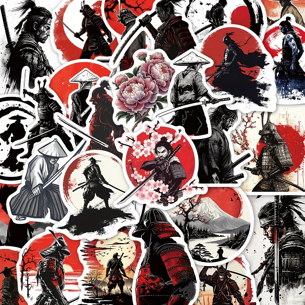 Image of 50pcs Bushido Stickers - Japanese Warrior Decals With Cherry Blossoms & For Laptops, Phones, And Luggage, Laptop Decoration, Artistic Illustrations, Vibrant Colors