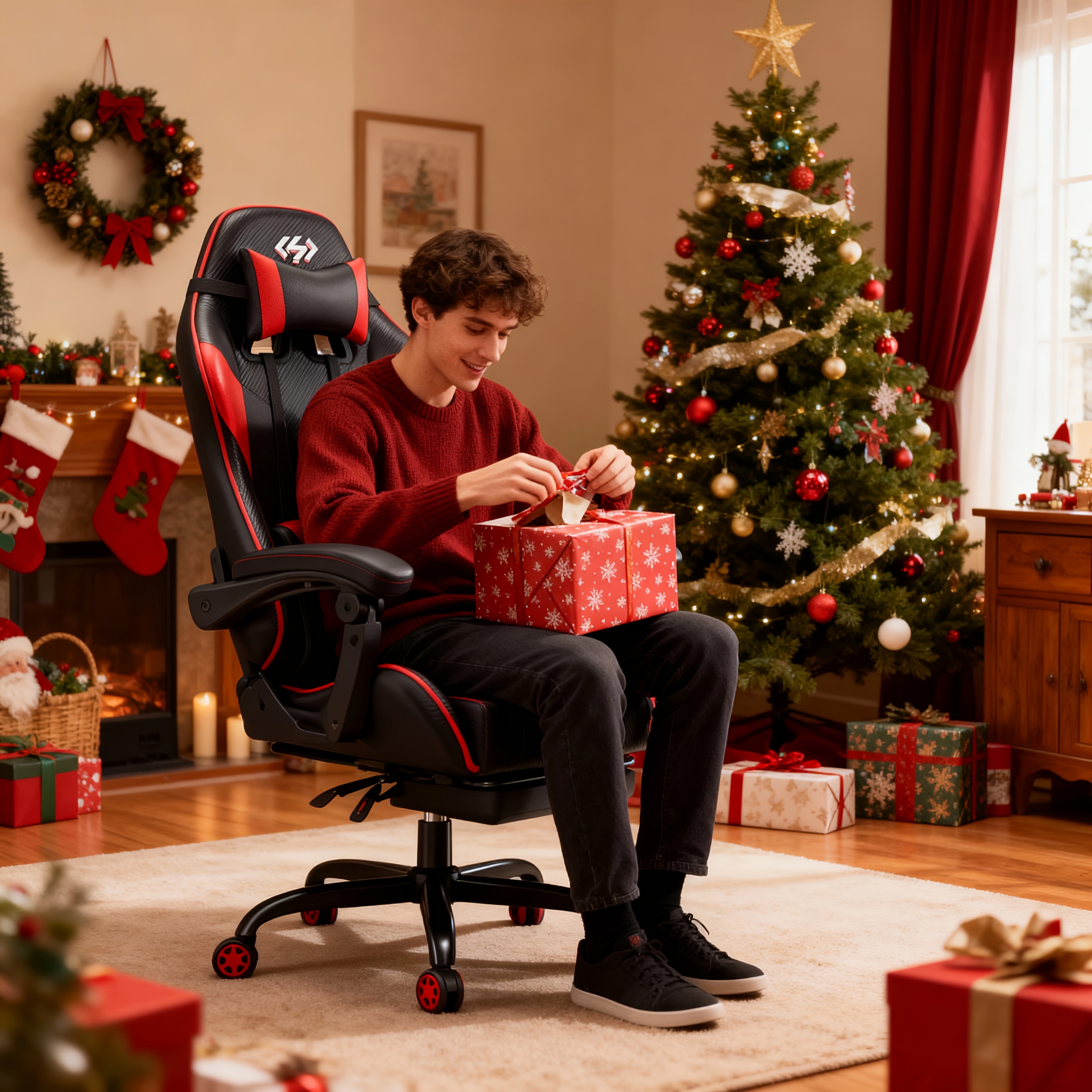 Ergonomic Gaming Chair with Ultra-soft Spring Cushioning, Office Chair Featuring Headrest And Lumbar Support, Adjustable Tilt Angle And Footrest, Crafted From Durable Faux, Gifts for Boyfriend, Christmas & Thanksgiving Gifts