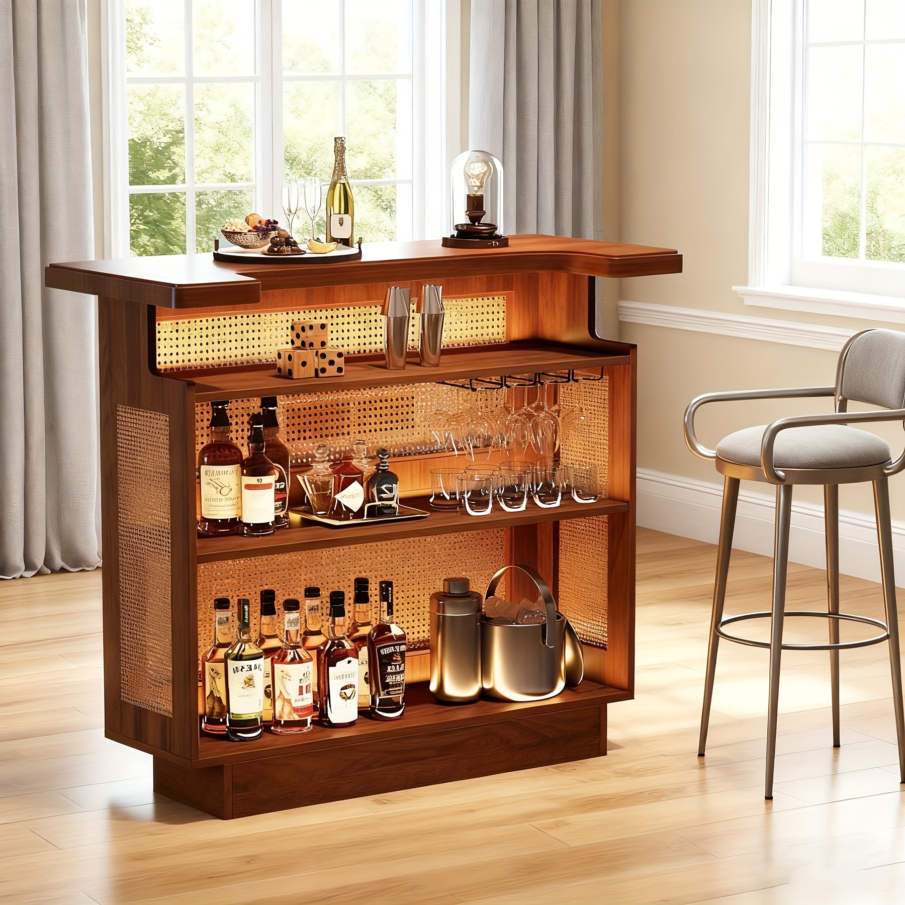 Farmhouse 4-Tier Home Bar Unit with Rattan Finish & 12-Glass Rack