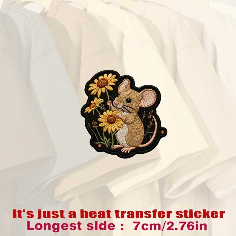 TEMU Black Fabric Patch Depicting A Brown Mouse With Pink Ears And Tail, Surrounded By Colorful Heat Transfer Stickers. Suitable For Flat Materials