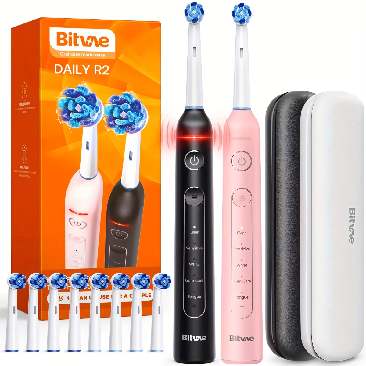 

Bitvae Rotating Electric Toothbrush 2 Packs For Adults With Pressure Sensor, Gifts For Men/women, 5 Modes Rechargeable Power Toothbrush With 8 Brush Heads, Black & Pink, R2