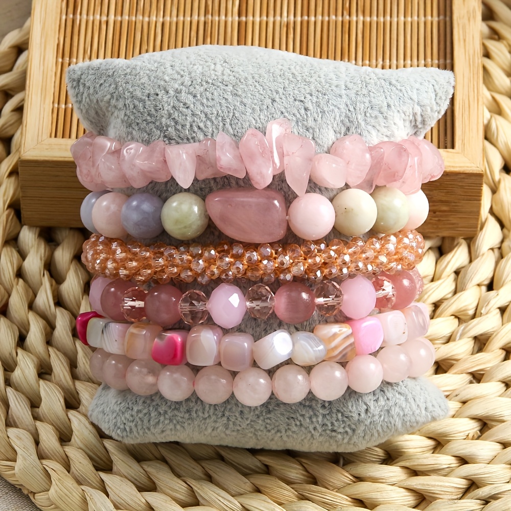 Multicolor Beaded Stackable Bracelet Set Boho Style Elastic 6pcs